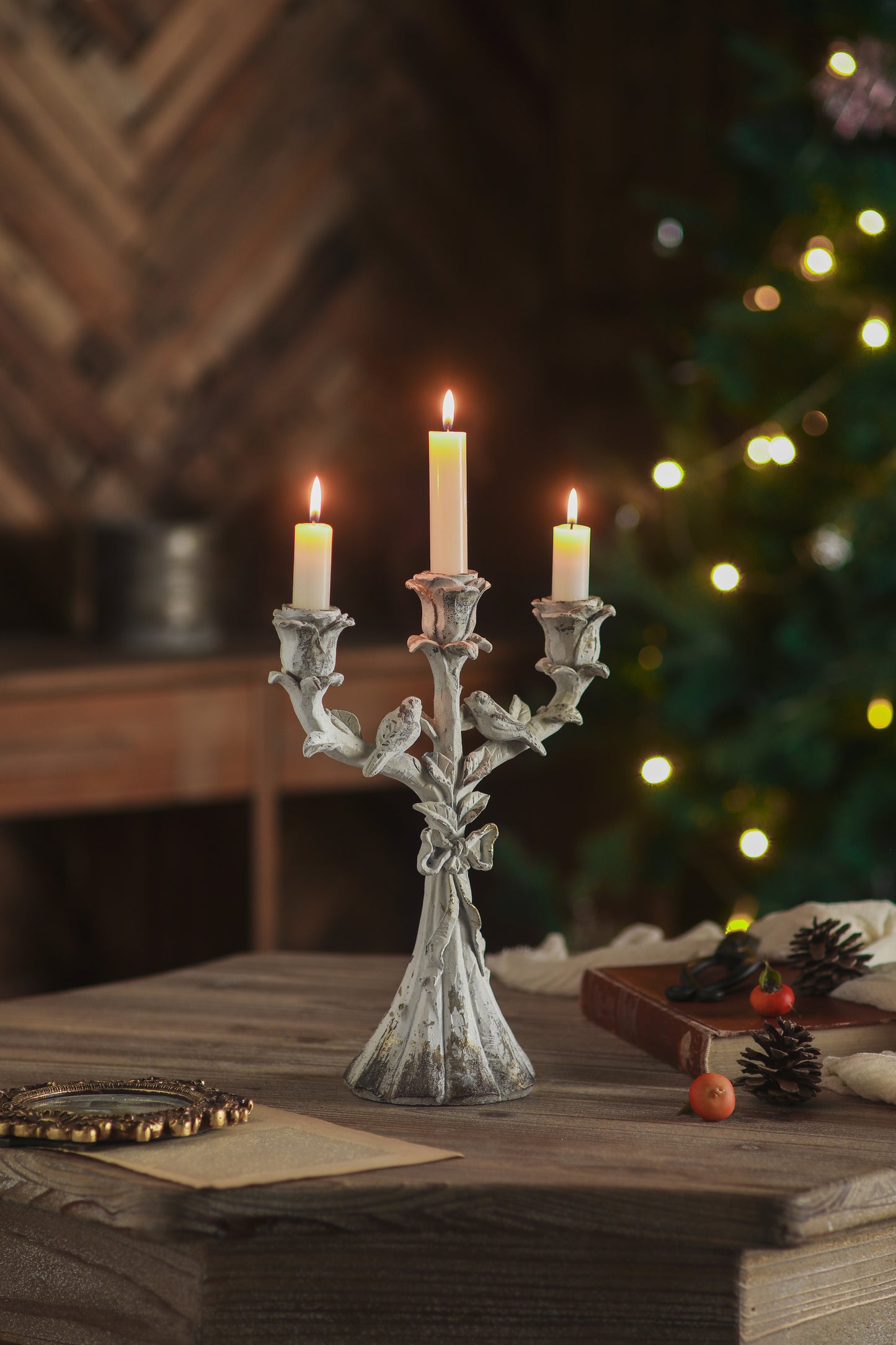 Vintage Ivory Bird Candelabra – Distressed Three-Arm Floral Candle Holder