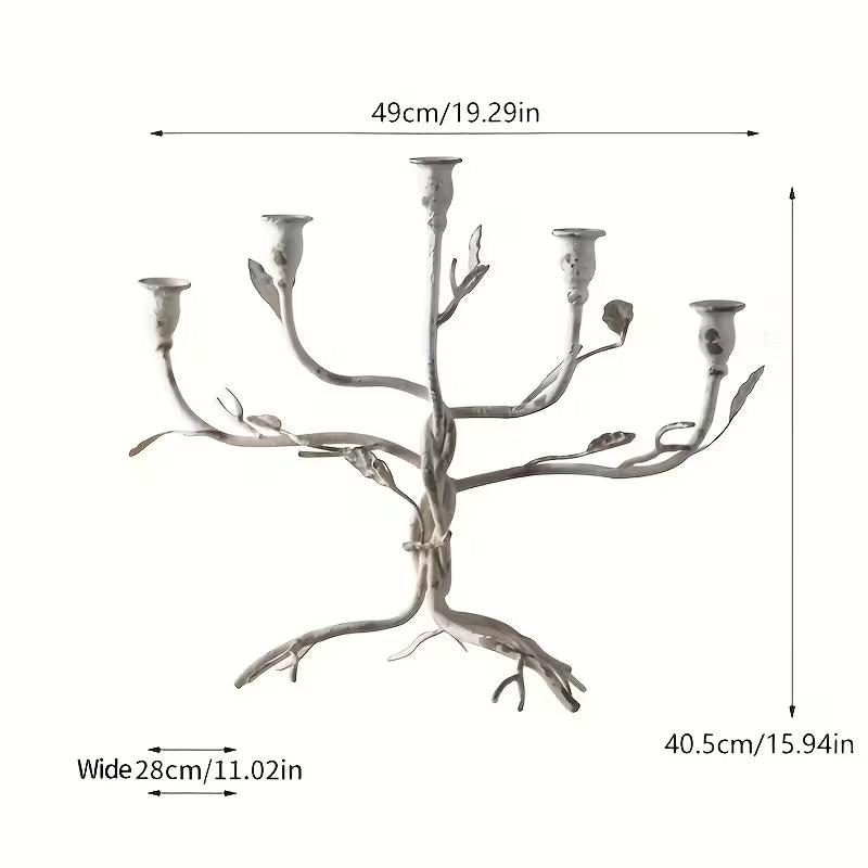 Rustic Branch Candelabra – 5 Arm Vintage Candle Holder (Silver Finish)