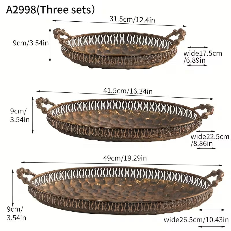 Heritage Oval Metal Tray Set – Vintage Carved Serving Trio