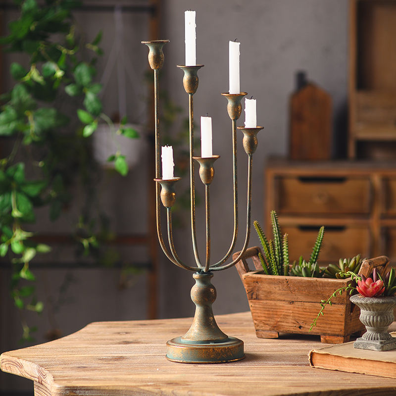 Vintage 5-Arm Metal Candelabra – Rustic Antique Gold Candle Holder Centerpiece