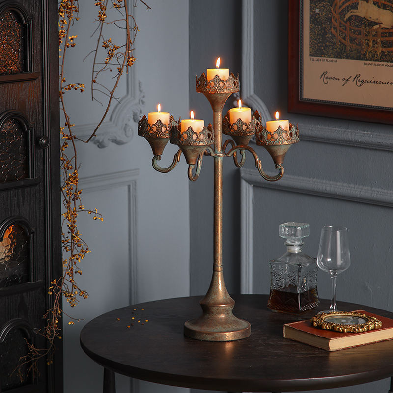 Royal Crown 6-Light Candelabra – Antique Gold Rustic Table Centerpiece