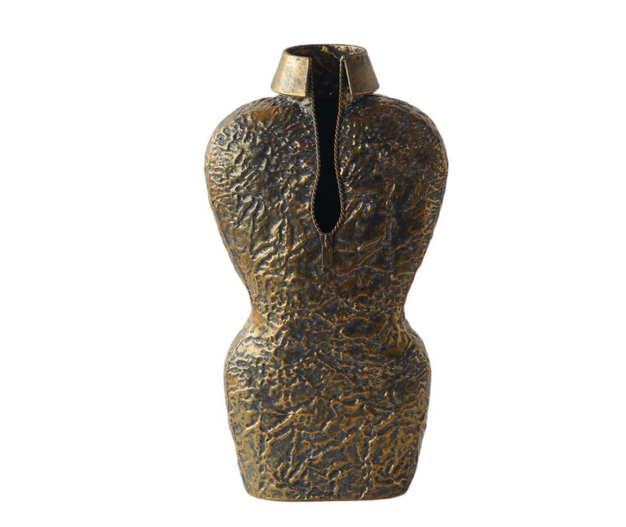 Antique Gold Sculptural Metal Vase – Textured Statement Floor & Console Vase