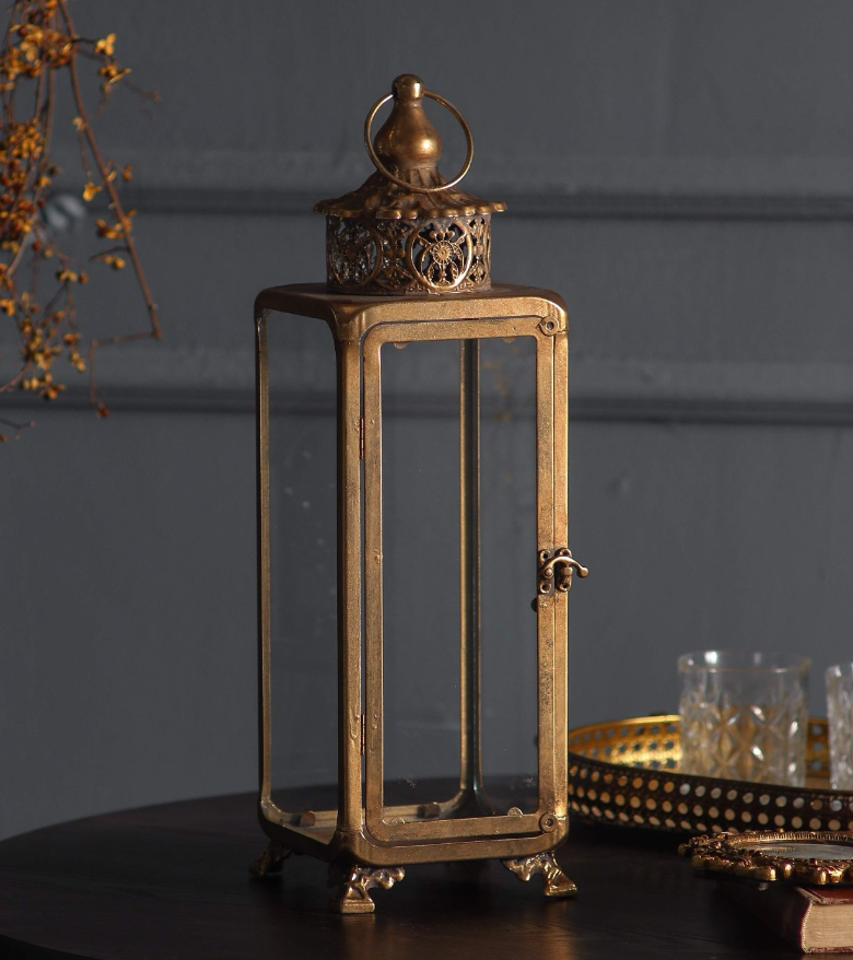 Aurevale Vintage Brass Glass Lantern Metal Candle Holder