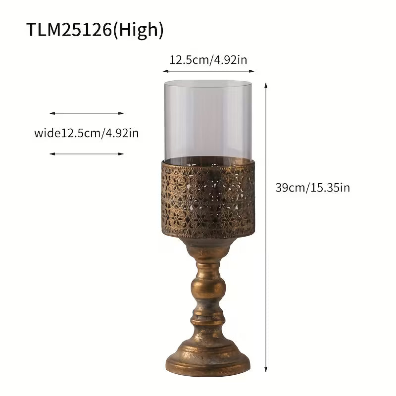 Rustic Glass Candle Holder Set – Vintage Metal Base Lantern Stands