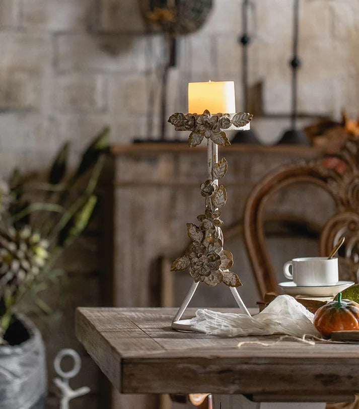 Rustic Floral Metal Candle Holder Stand – Vintage Table Accent