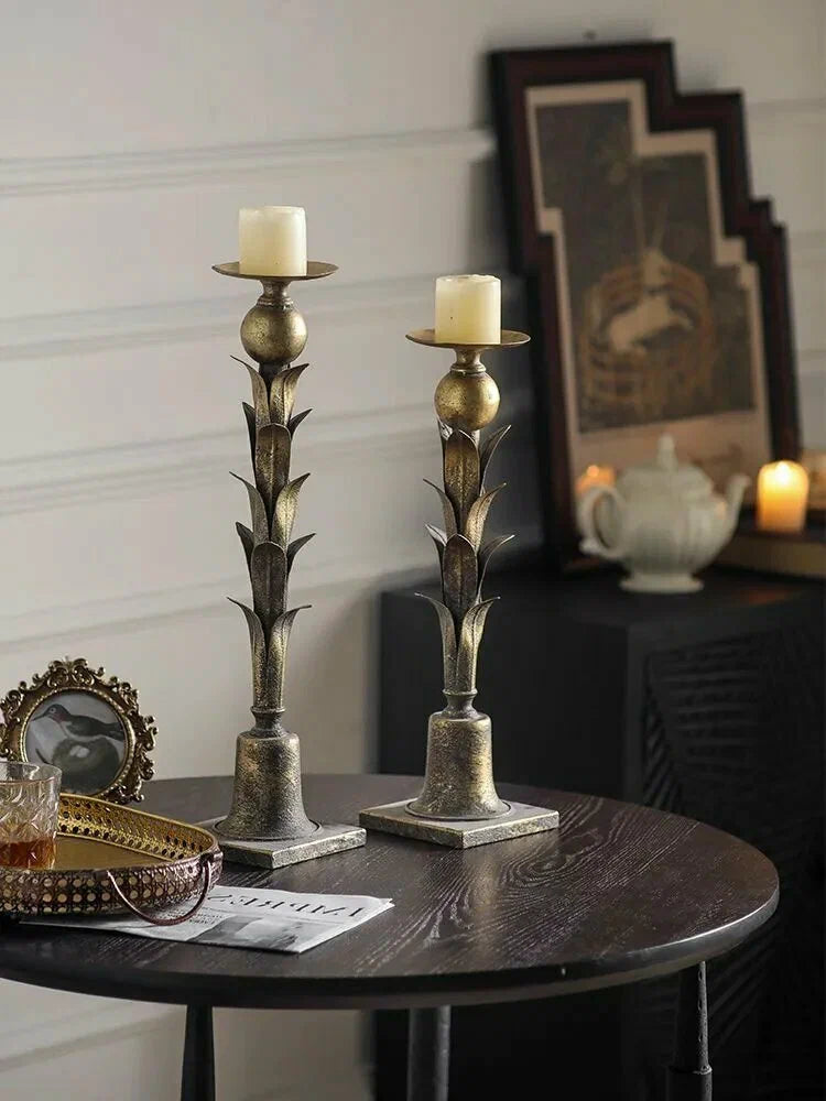 Rustic Antique Gold Candle Holder Set – Vintage Leaf Design Stands