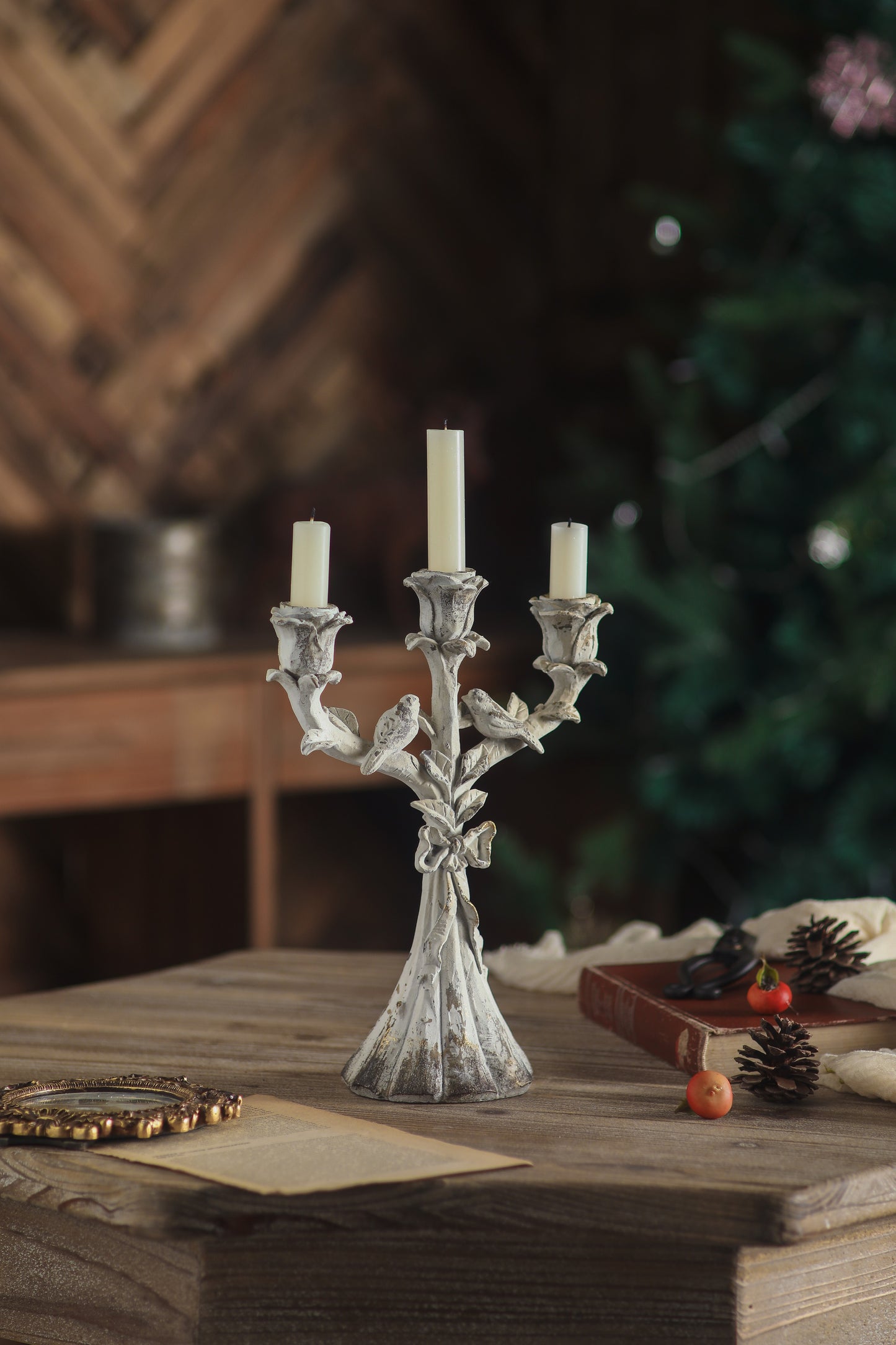 Vintage Ivory Bird Candelabra – Distressed Three-Arm Floral Candle Holder