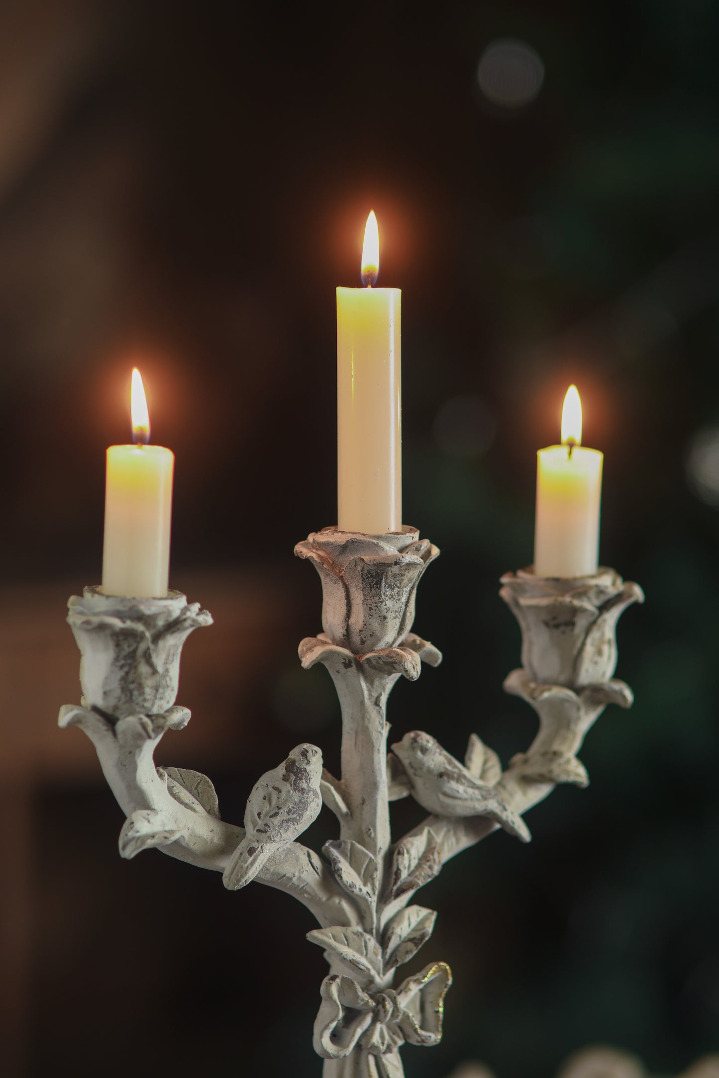Vintage Ivory Bird Candelabra – Distressed Three-Arm Floral Candle Holder