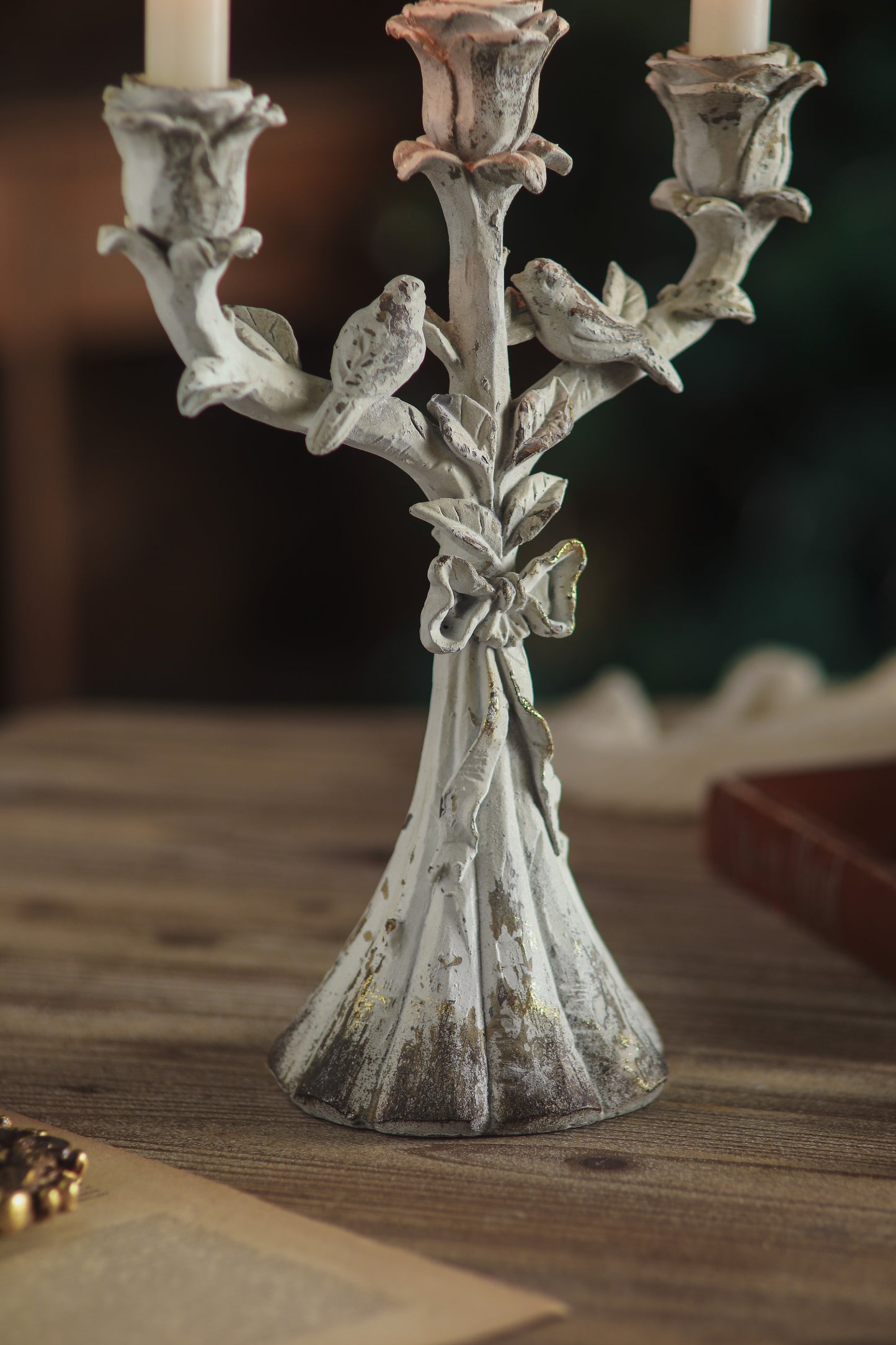 Vintage Ivory Bird Candelabra – Distressed Three-Arm Floral Candle Holder