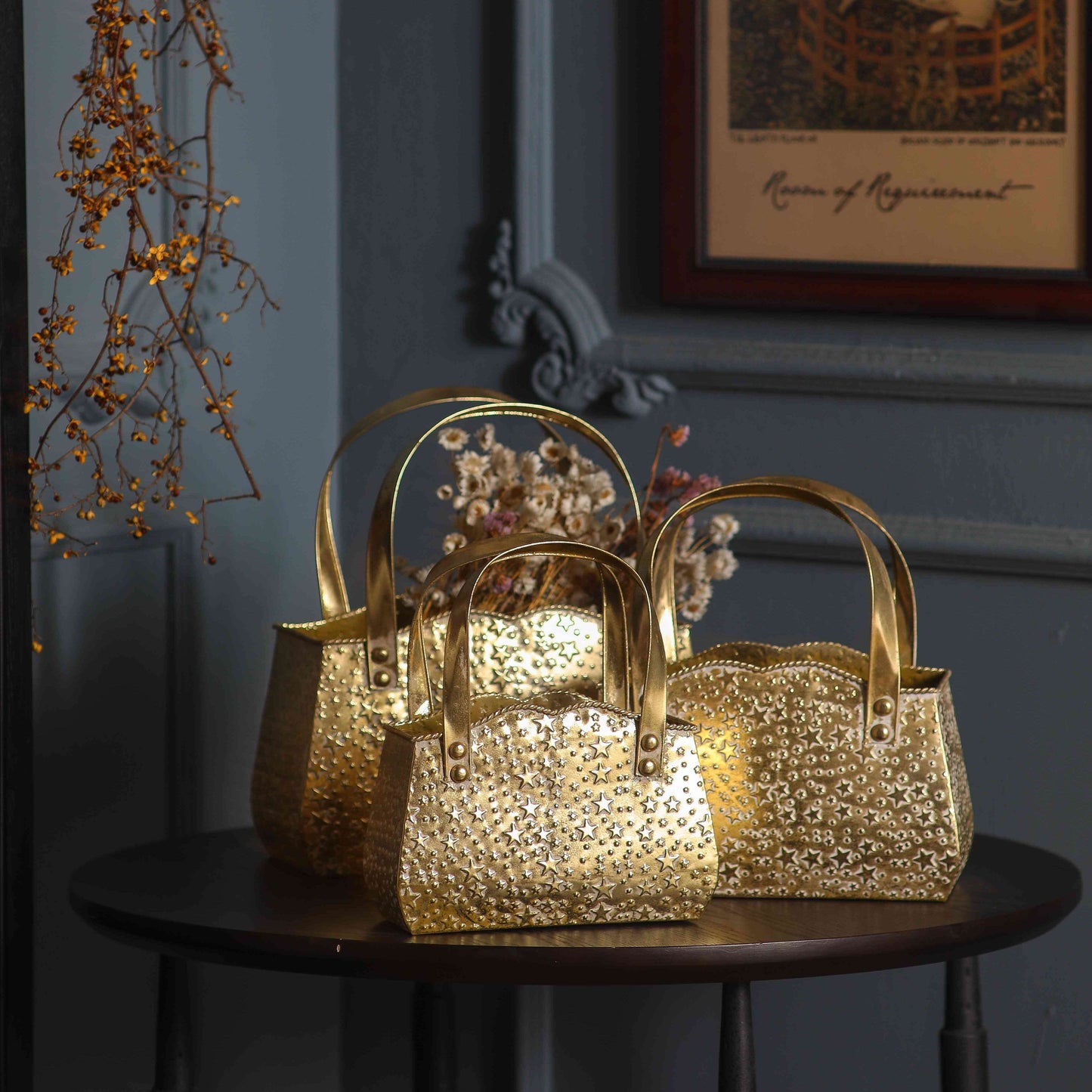 Rustic Hammered Gold Metal Decorative Basket | Luxury Tabletop Home Décor