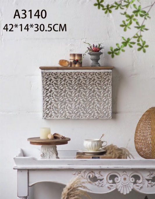 Rustic Carved Wall Shelf Cabinet – Vintage Hanging Storage Console
