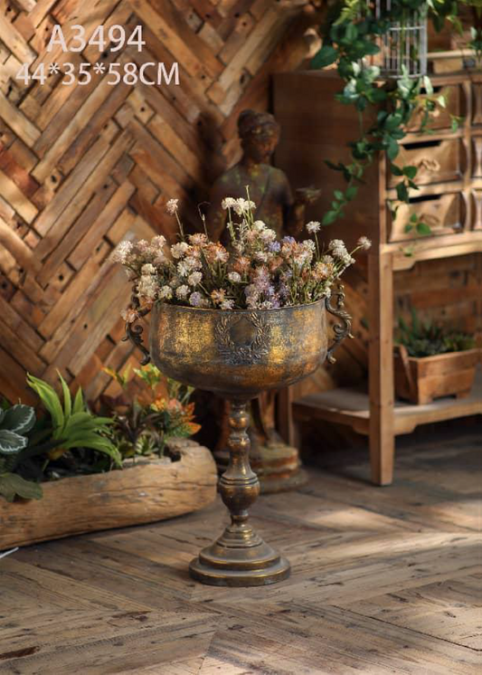 Grand Vintage Pedestal Urn Planter – Large Rustic Metal Floor Vase for Statement Décor