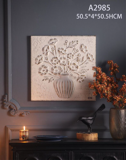 Rustic Floral Wall Art Panel – Vintage Carved Decorative Frame