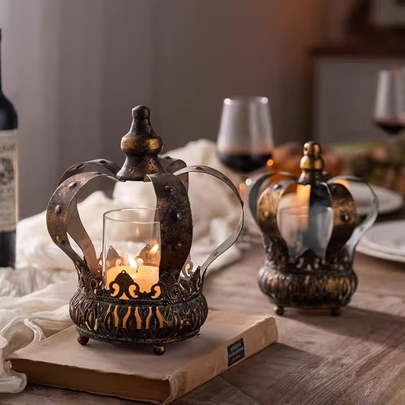 Rustic Crown Candle Holder – Vintage Royal Metal Lantern
