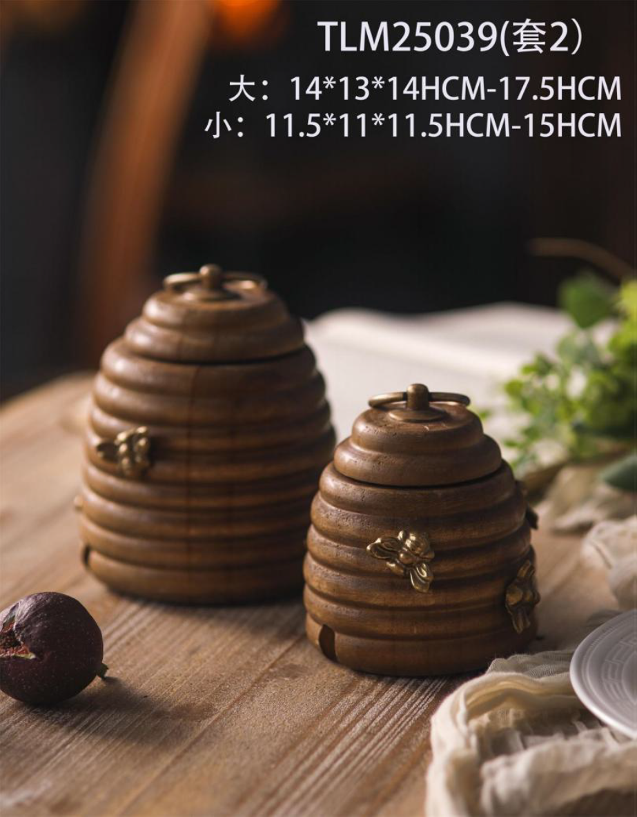 Rustic Wooden Beehive Honey Pot Set