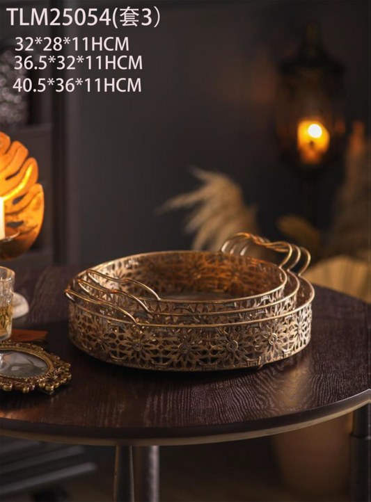 Vintage Bloom Metal Tray Set – Handcrafted Floral Serving Trio