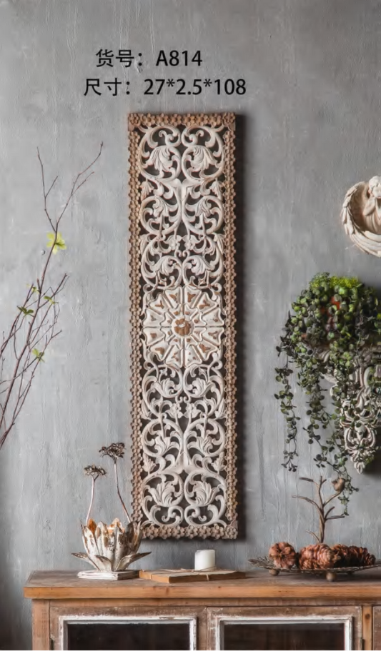 Rustic Hand-Carved Vertical Wall Panel – Antique Floral Wooden Wall Decor
