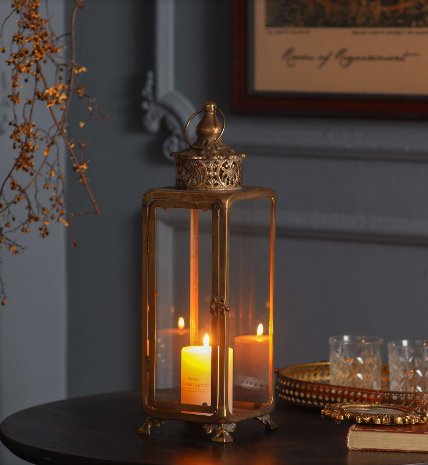Aurevale Vintage Brass Glass Lantern Metal Candle Holder