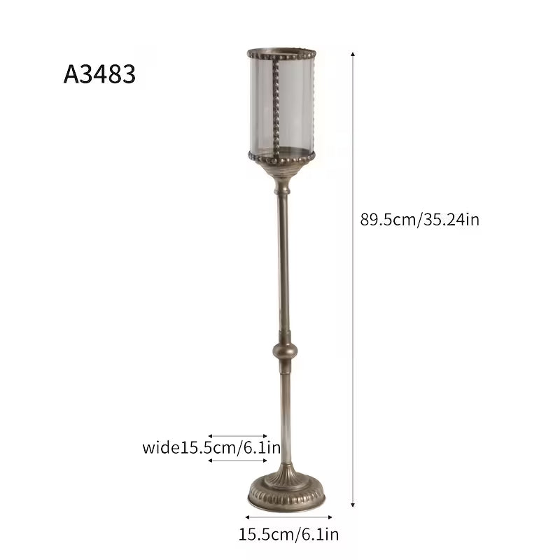 Vintage Tall Metal Candle Lantern Stand Set – Rustic Floor Candle Holders with Glass Shade