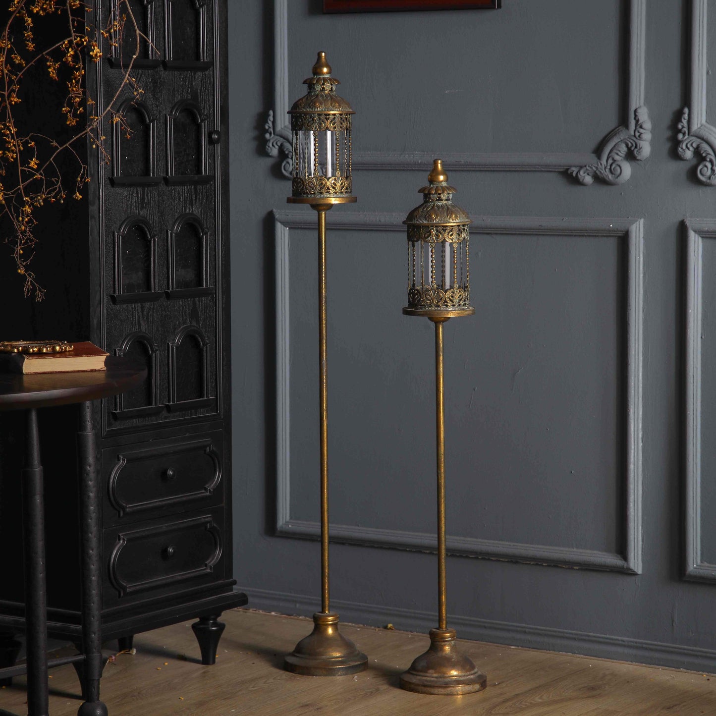 Antique Brass Floor Lantern Candle Holder – Ornate Vintage Pillar Candle Stand