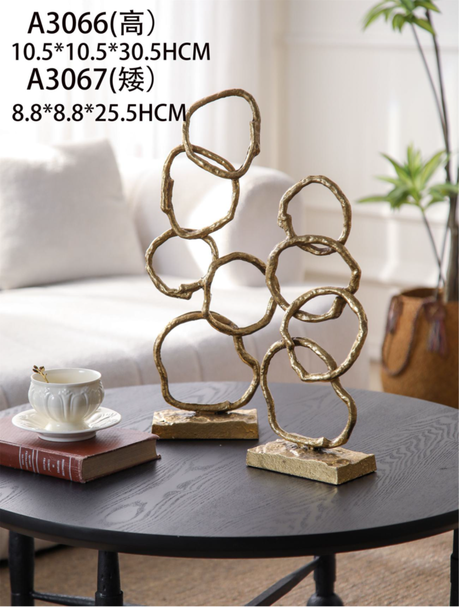 Abstract Ring Metal Sculpture – Rustic Gold Artistic Table Decor