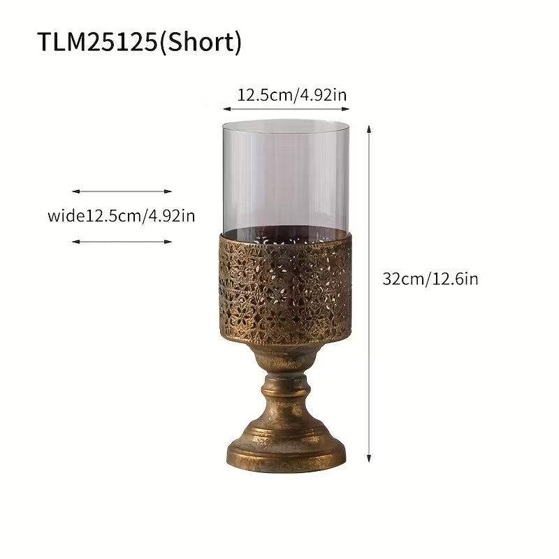 Rustic Glass Candle Holder Set – Vintage Metal Base Lantern Stands