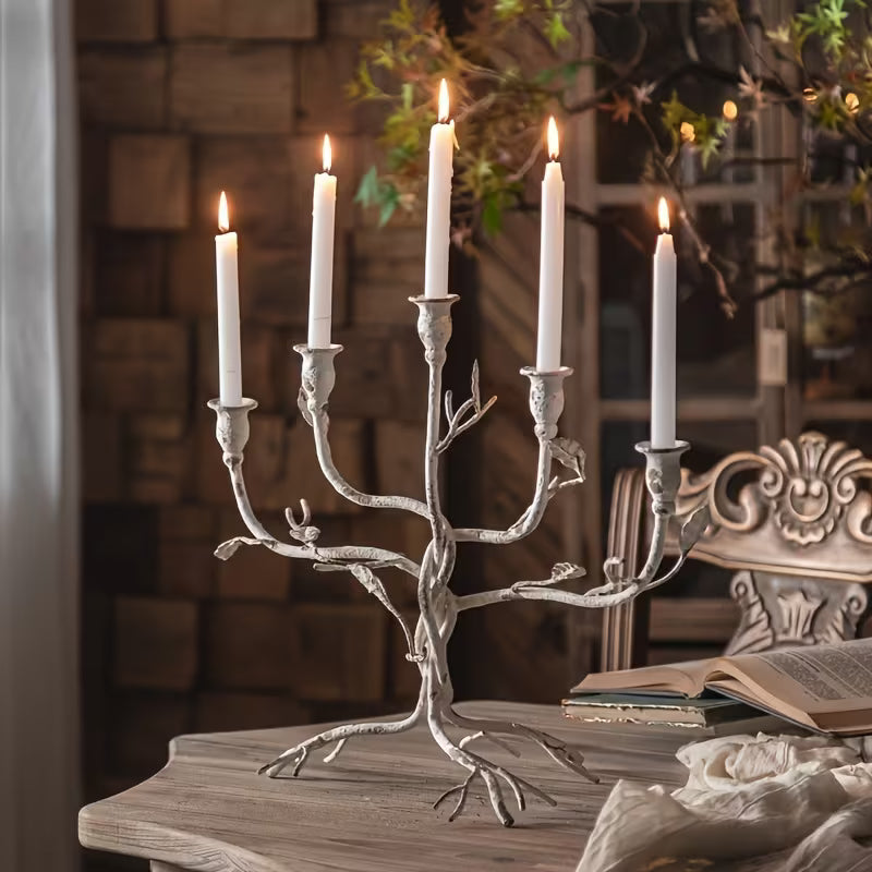 Rustic Branch Candelabra – 5 Arm Vintage Candle Holder (Silver Finish)