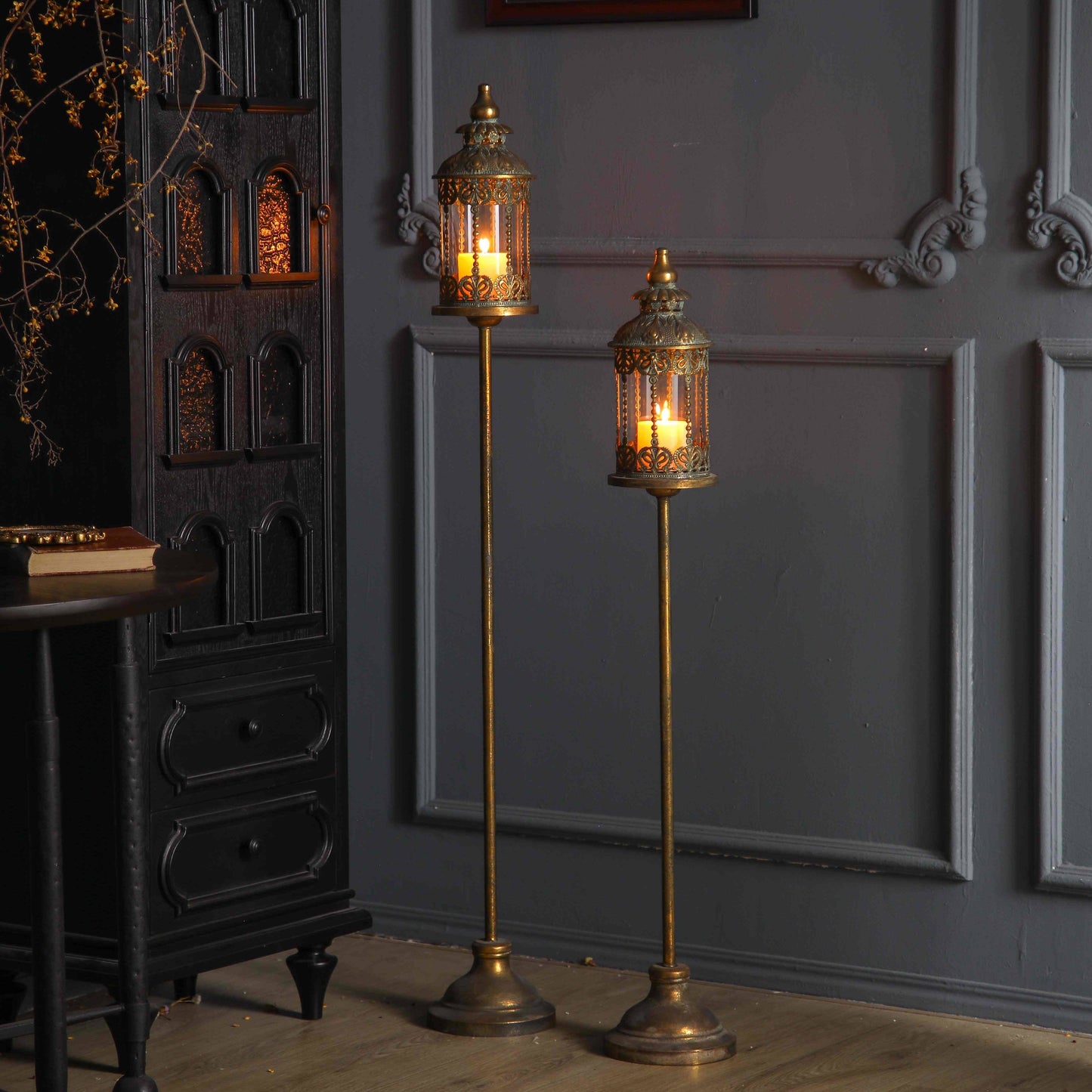 Antique Brass Floor Lantern Candle Holder – Ornate Vintage Pillar Candle Stand