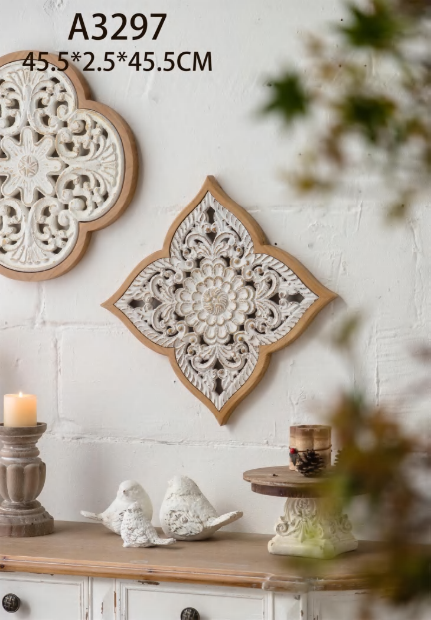 Rustic Floral Medallion Wall Art – Hand-Carved Wooden Frame Panel