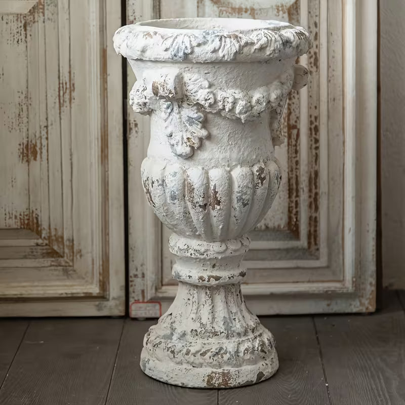 Antique White Classical Urn Planter – Vintage Pedestal Garden Vase