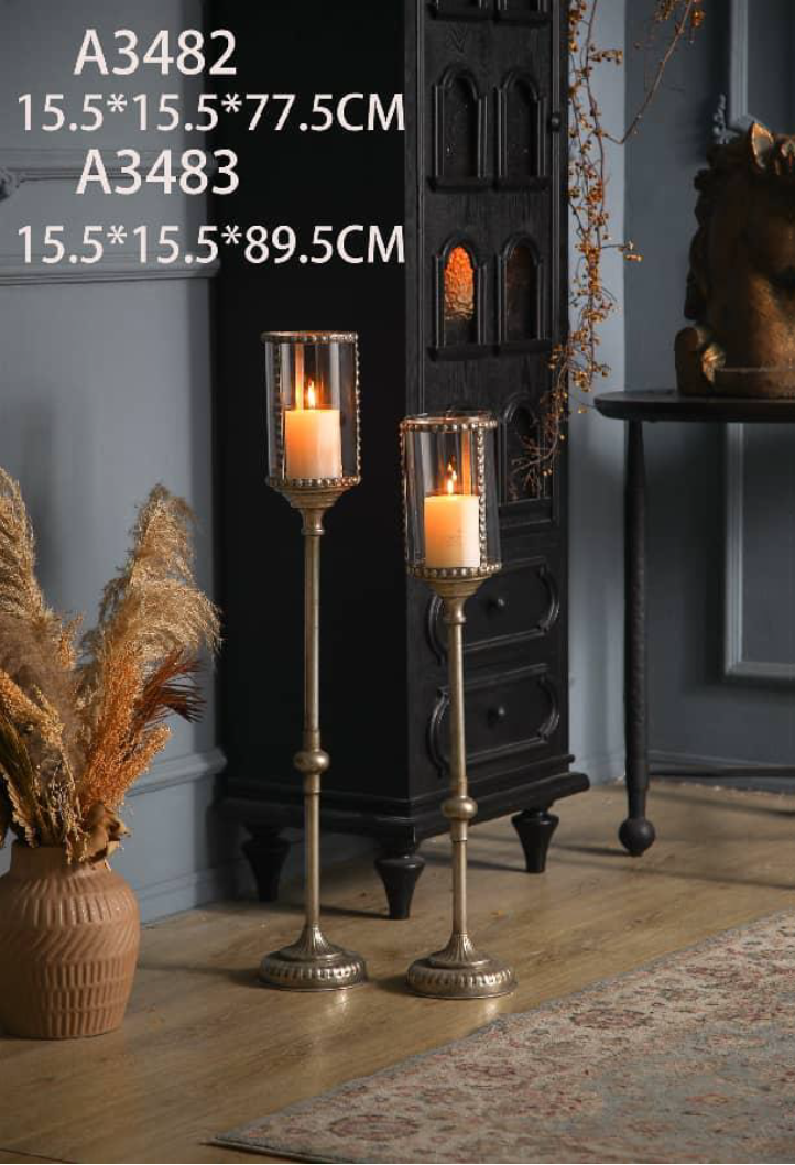 Vintage Tall Metal Candle Lantern Stand Set – Rustic Floor Candle Holders with Glass Shade