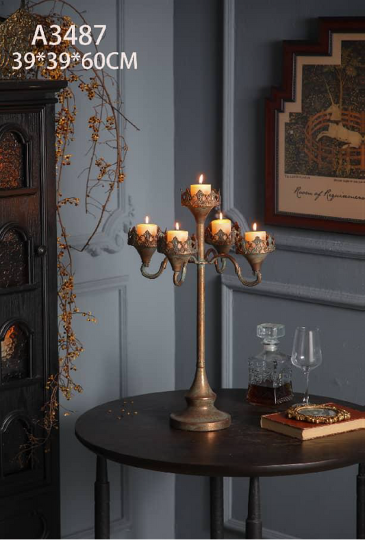 Royal Crown 6-Light Candelabra – Antique Gold Rustic Table Centerpiece