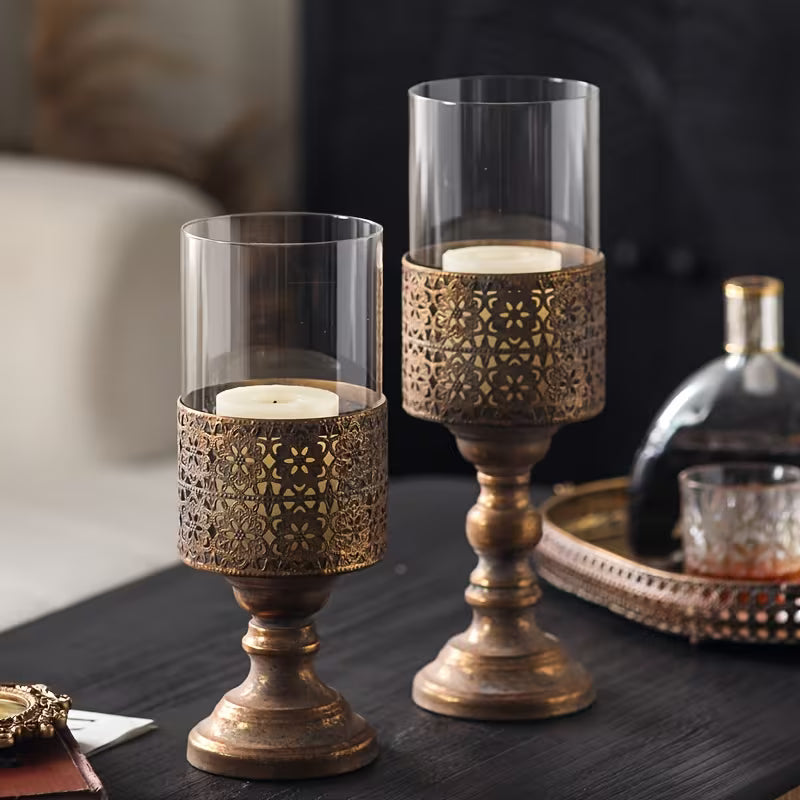 Rustic Glass Candle Holder Set – Vintage Metal Base Lantern Stands