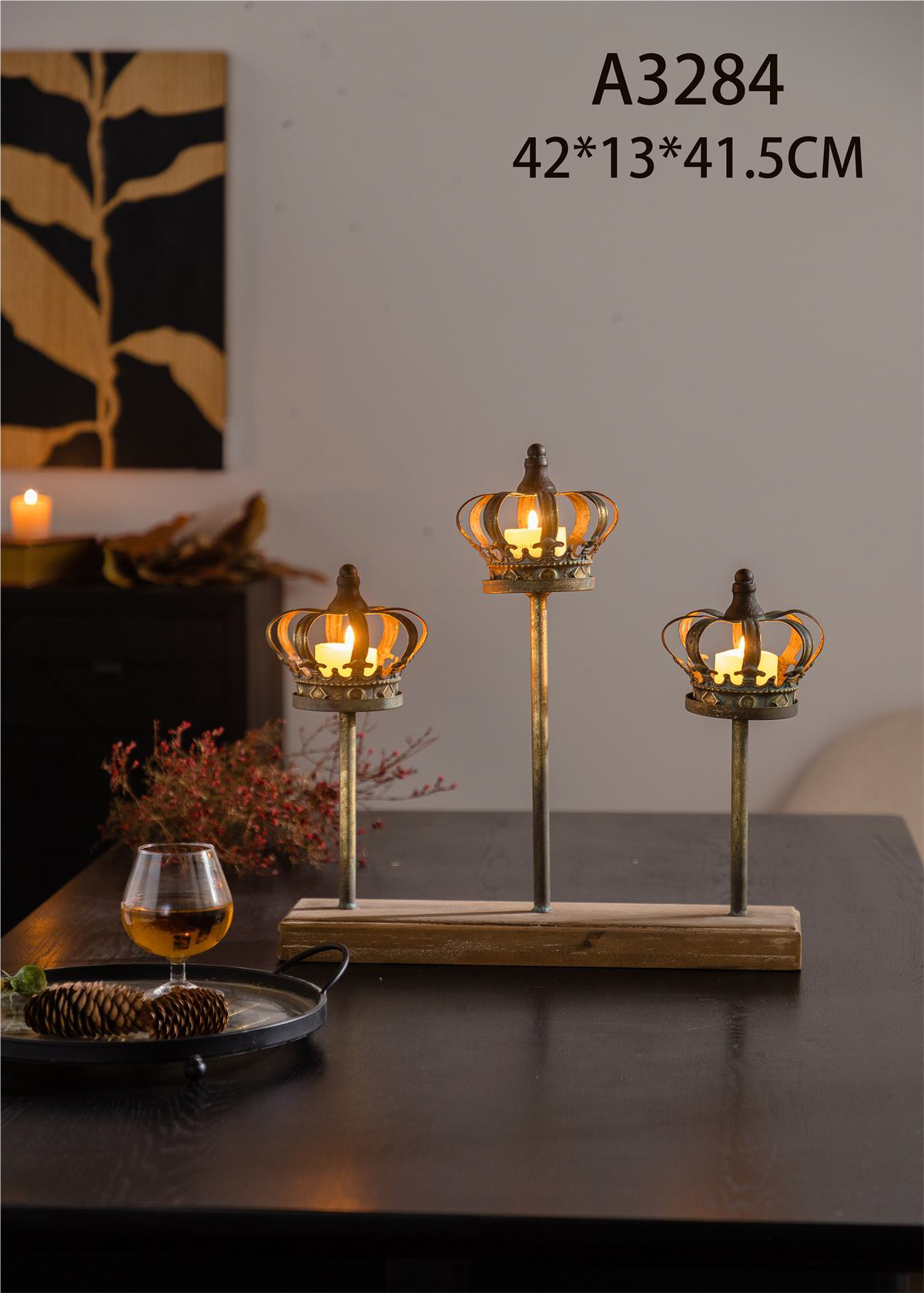 Elegant Triple Crown Candle Holder – Wooden Base Decorative Centerpiece