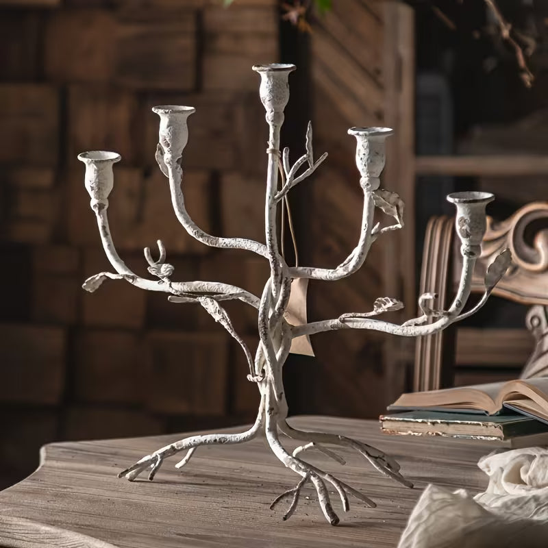 Rustic Branch Candelabra – 5 Arm Vintage Candle Holder (Silver Finish)
