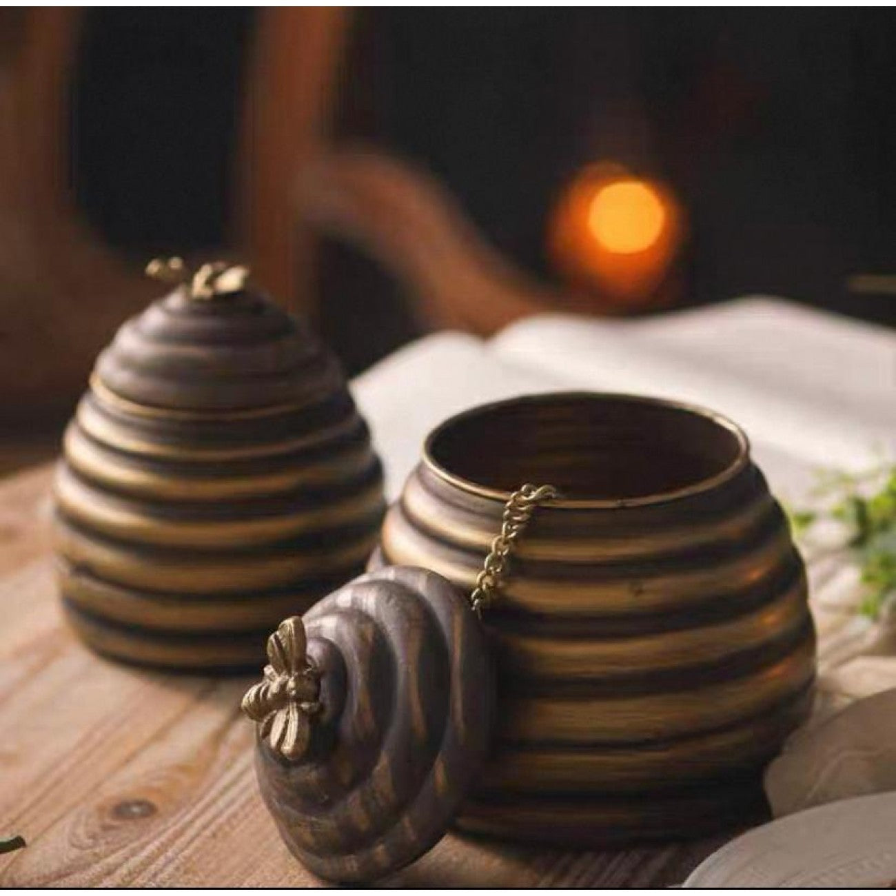 Rustic Wooden Beehive Honey Pot Set