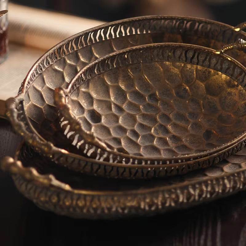 Heritage Oval Metal Tray Set – Vintage Carved Serving Trio