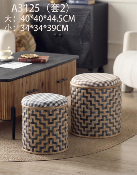 Nordic Woven Stool Set – Rustic Storage Ottoman Seating