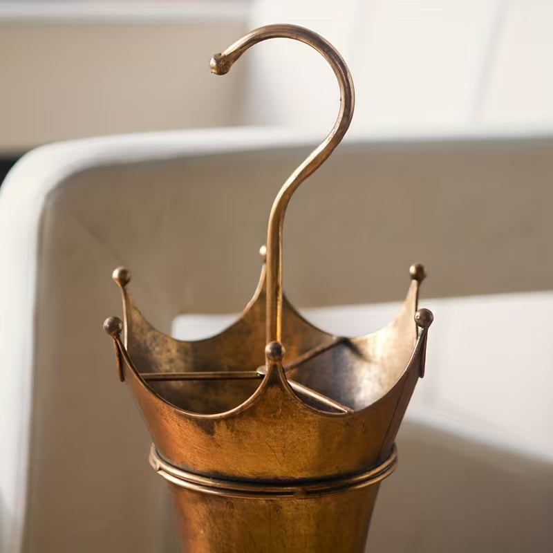 Rustic Vintage Umbrella Stand – Antique Metal Floor Holder with Crown Top