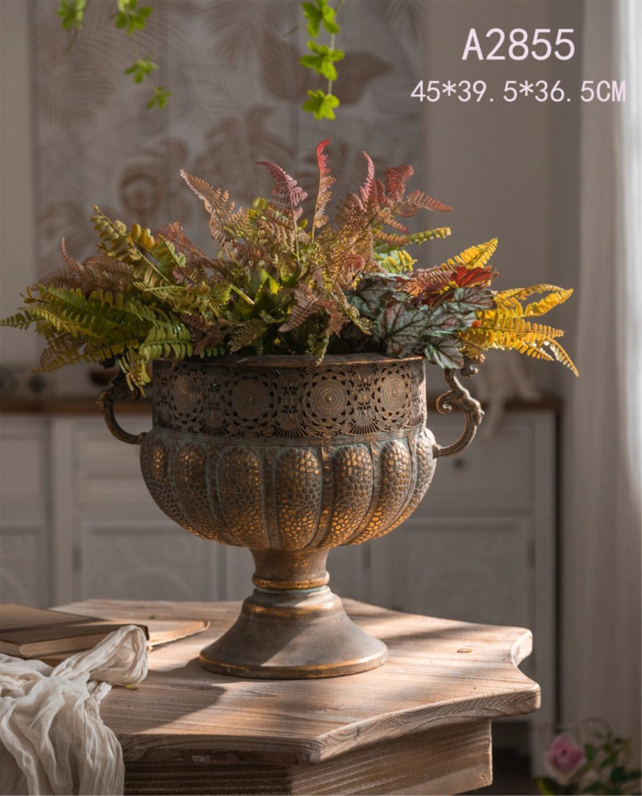 Siena Rustic Metal Planter – Vintage Floral Bowl Urn