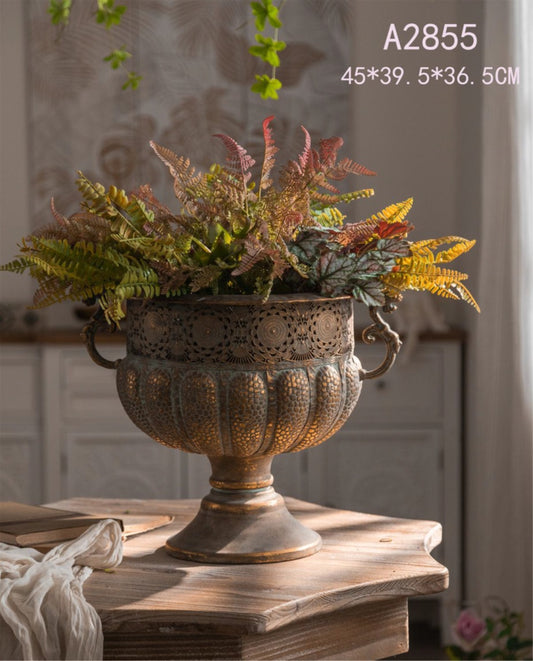 Siena Rustic Metal Planter – Vintage Floral Bowl Urn