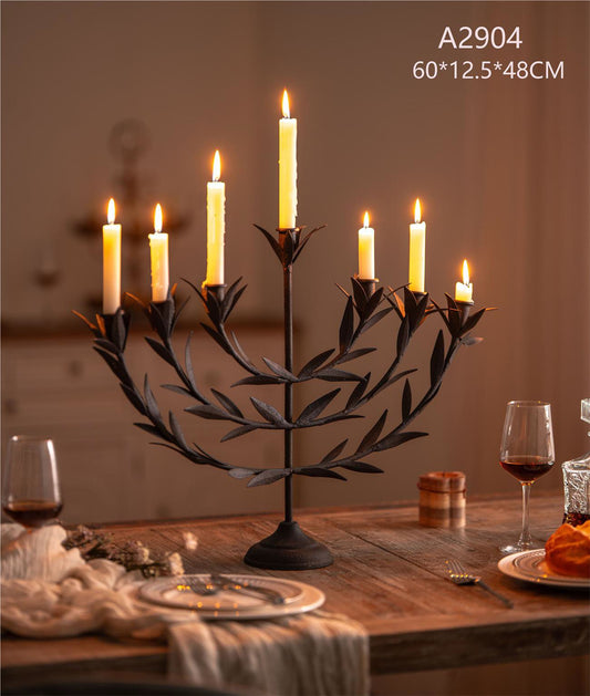 Rustic Leaf Branch Candelabra – 7 Arm Vintage Iron Candle Holder