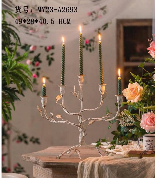 Rustic Branch Candelabra – 5 Arm Vintage Candle Holder (Silver Finish)