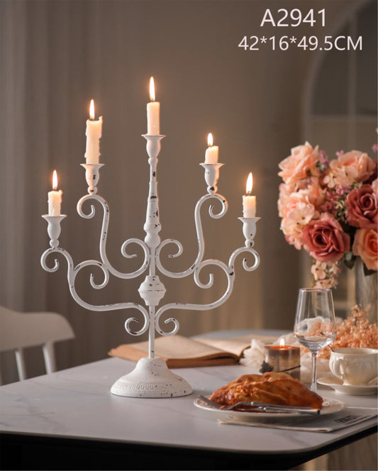 Elegant White Vintage Candelabra – 5 Arm Rustic Candle Holder