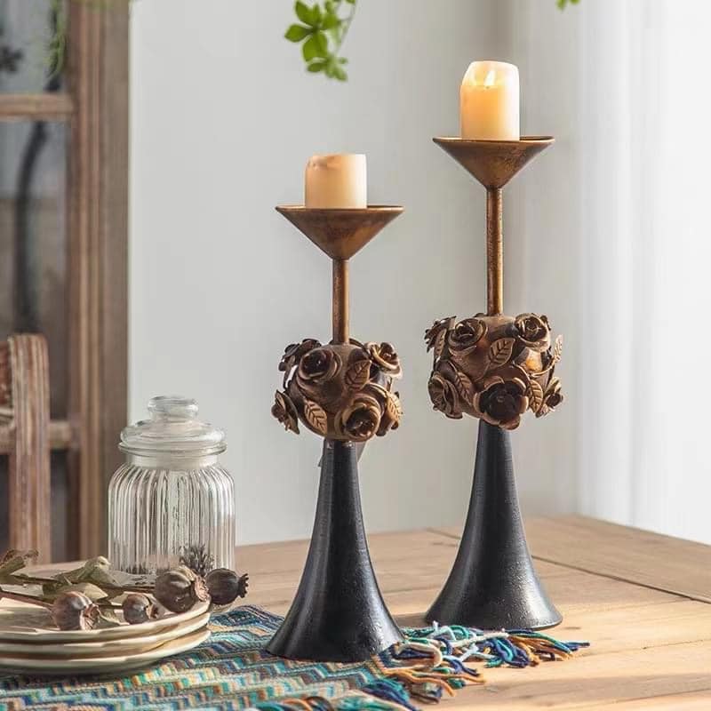 Rustic Floral Metal Candle Holder – Vintage Rose Design Stand