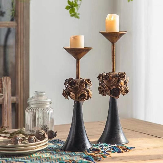 Rustic Floral Metal Candle Holder – Vintage Rose Design Stand