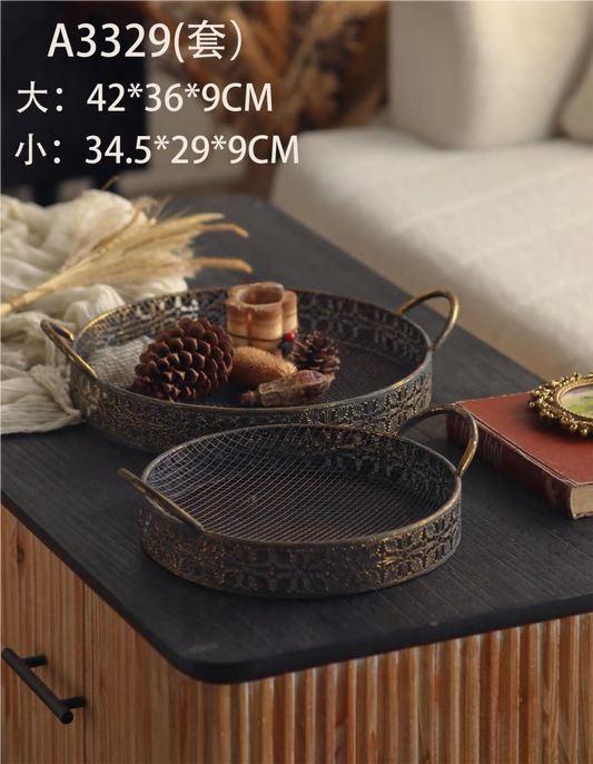 Vintage Ornate Metal Serving Tray Set with Handles – Rustic Decorative Display Platters
