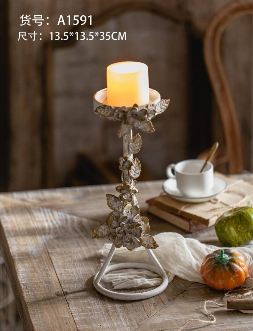 Rustic Floral Metal Candle Holder Stand – Vintage Table Accent