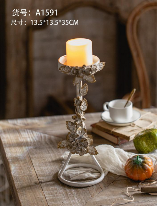 Rustic Floral Metal Candle Holder Stand – Vintage Table Accent