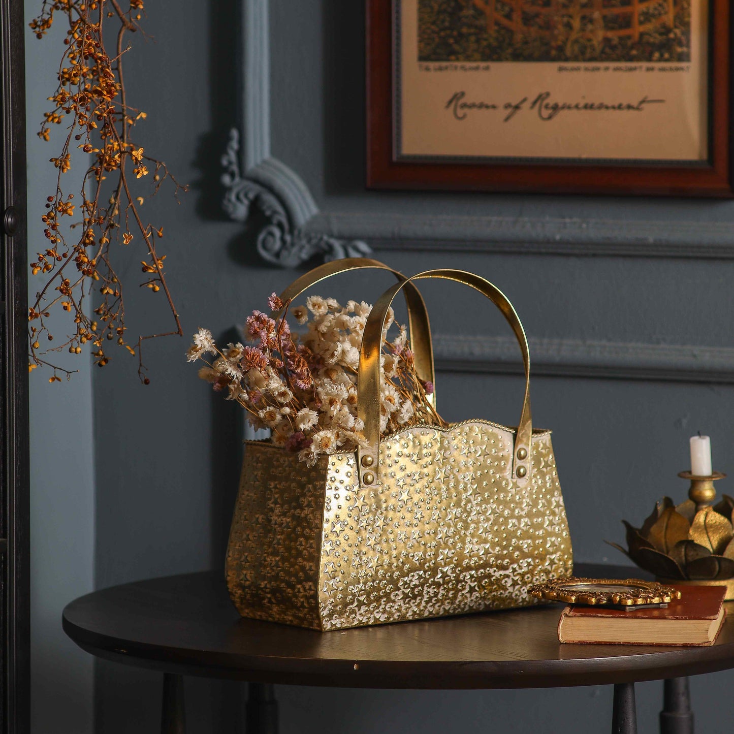 Rustic Hammered Gold Metal Decorative Basket | Luxury Tabletop Home Décor